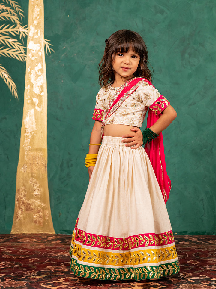 Girls Off-White Elbow Sleeve Top and Lehenga with Georgette Dupatta (Set of 3)