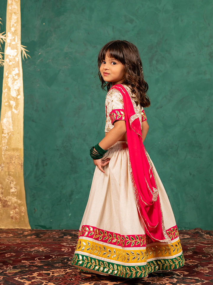 Girls Off-White Elbow Sleeve Top and Lehenga with Georgette Dupatta (Set of 3)