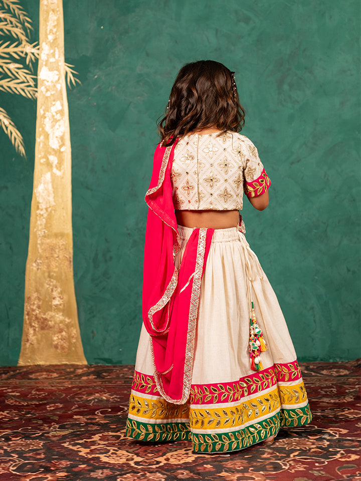 Girls Off-White Elbow Sleeve Top and Lehenga with Georgette Dupatta (Set of 3)
