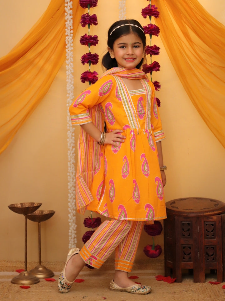 Girls Orange Hand Embroidered Cotton Kurti with Pant and Dupatta