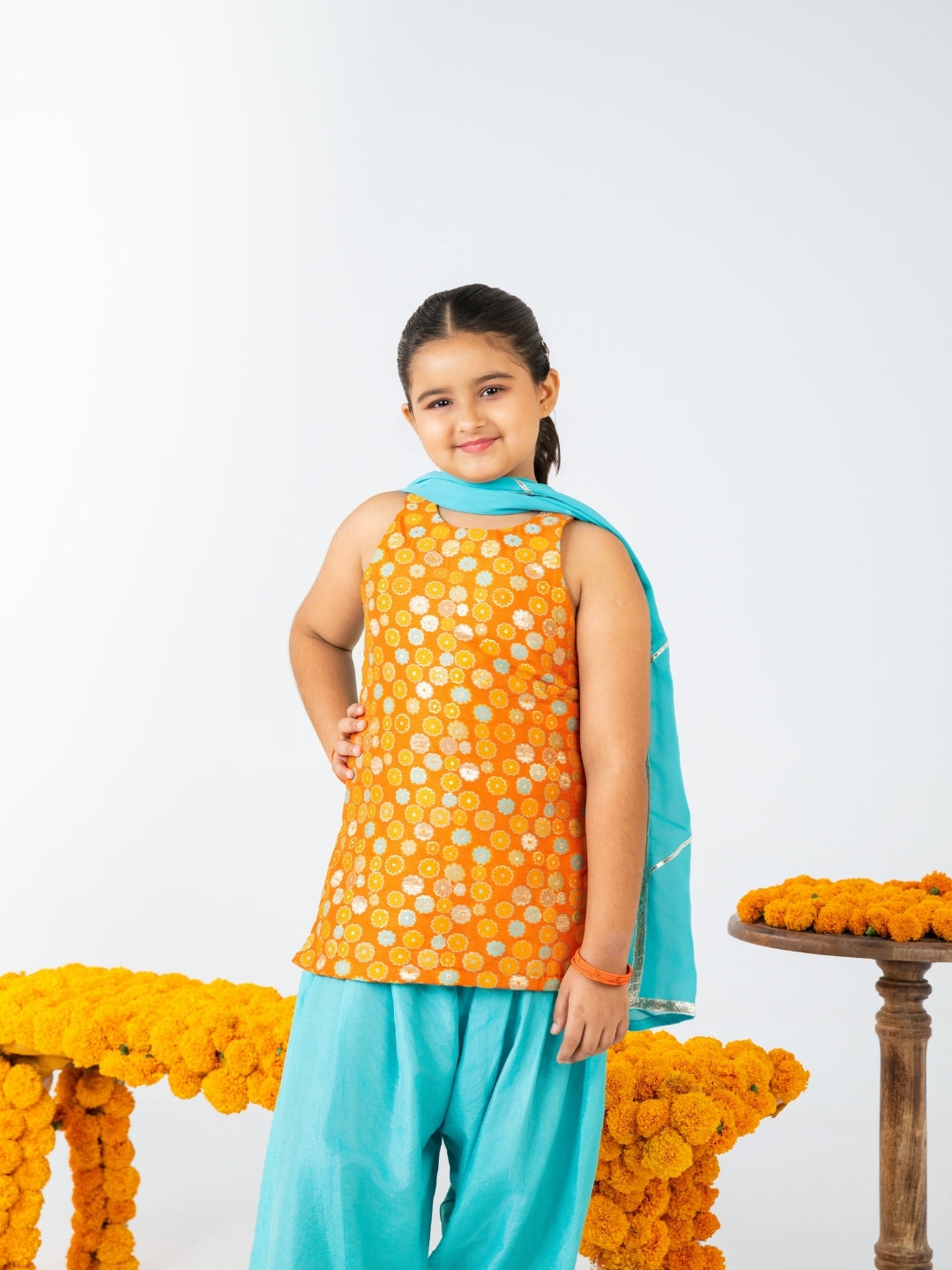 Girls Orange and Sky Blue Salwar Suit Set (Set of 3)