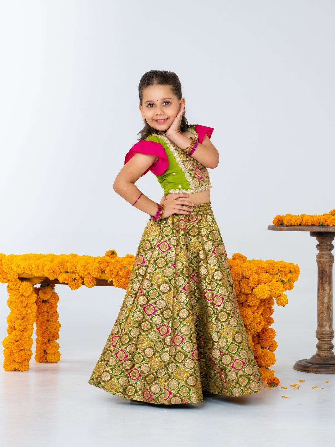 Girls Pink Blouse with Gold Brocade Lehenga Set (Set of 3)