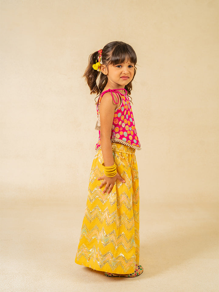 Girls Pink Brocade Top and Yellow Zig Zag embroidered Palazzo (Set of 2)