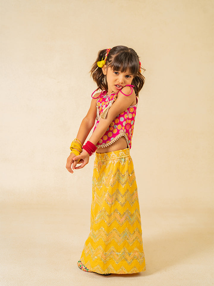 Girls Pink Brocade Top and Yellow Zig Zag embroidered Palazzo (Set of 2)