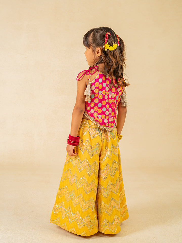 Girls Pink Brocade Top and Yellow Zig Zag embroidered Palazzo (Set of 2)