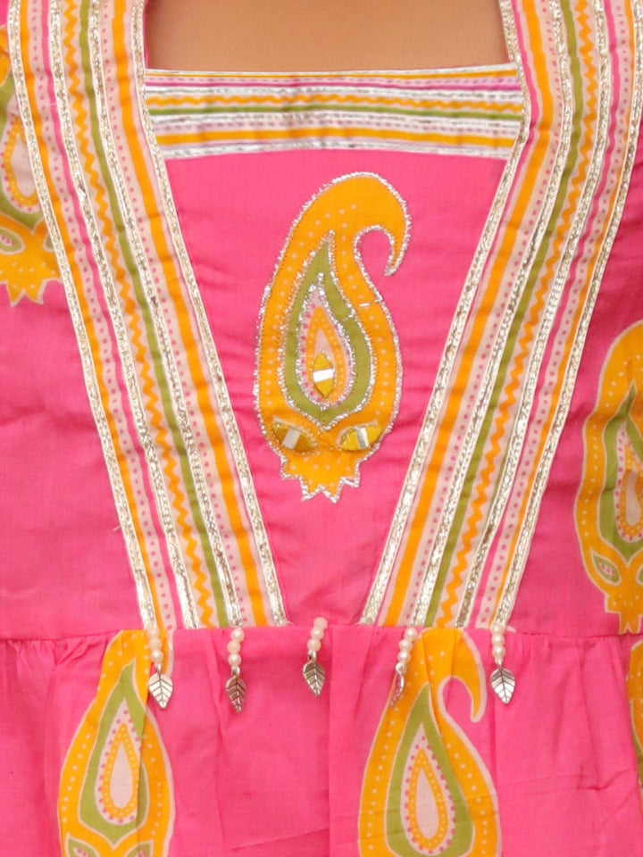Girls Pink Hand Embroidered Cotton Kurti with Pant and Dupatta (Set of 3)