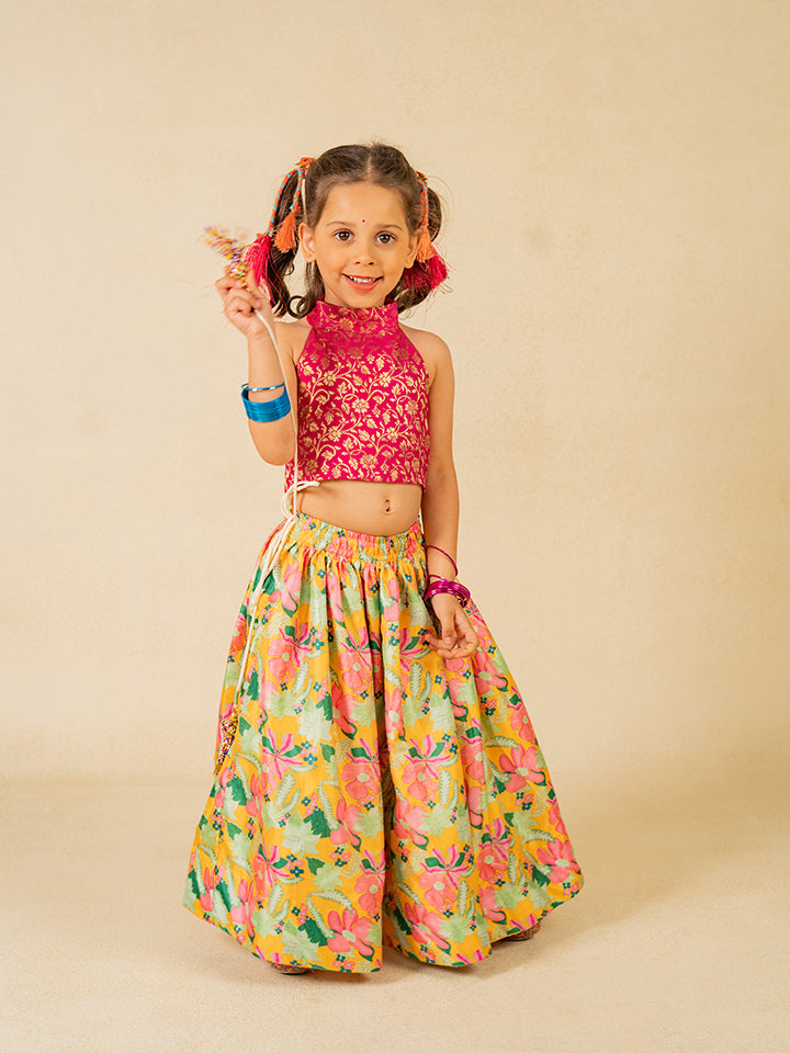 Girls Pink Sleeveless Top and Roman Printed Lehenga (Set of 2)