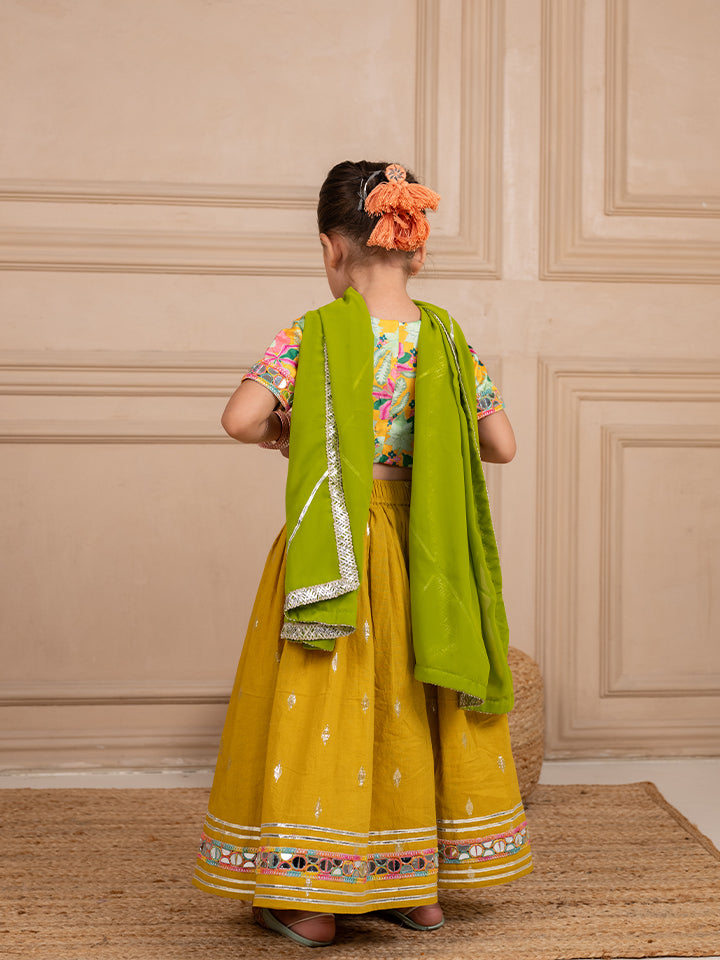 Girls Poly Digital Printed and Handworked Top and Cotton Lurex Yellow Lehenga with Dupatta (Set of 3)