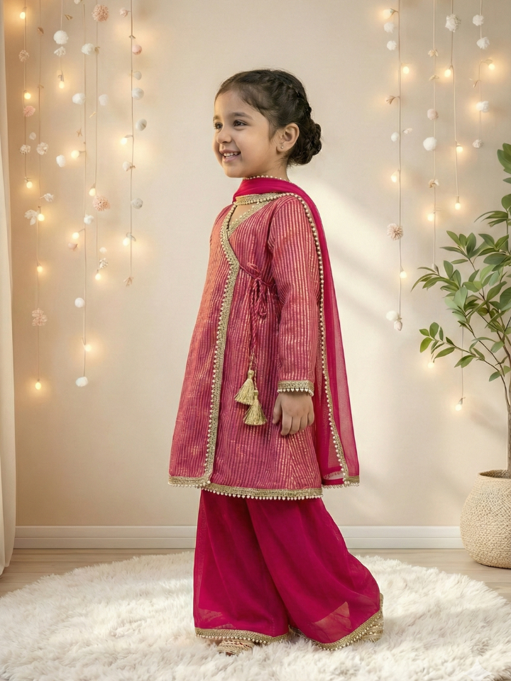 Girls Rani Pink Angarkha style Kurti with Palazzo and Dupatta (Set of 3)