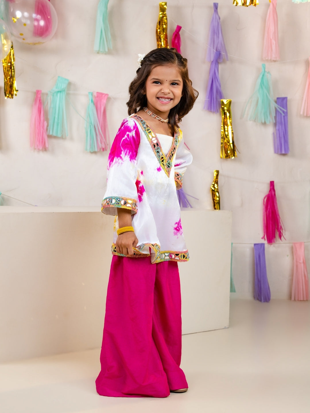 Girls White Tie-Dye Kurti with Blouse and Pink Palazzo Set (Set of 3)
