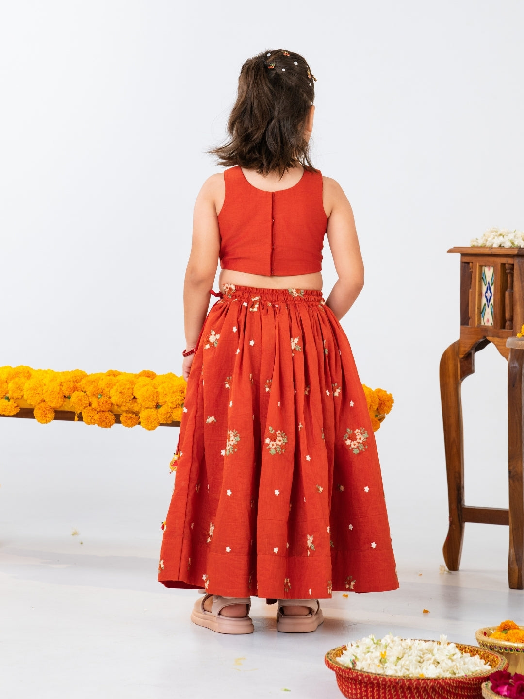 Boys Rust Orange Kurta Pant & Girls Lehenga Matching Sibling Outfit
