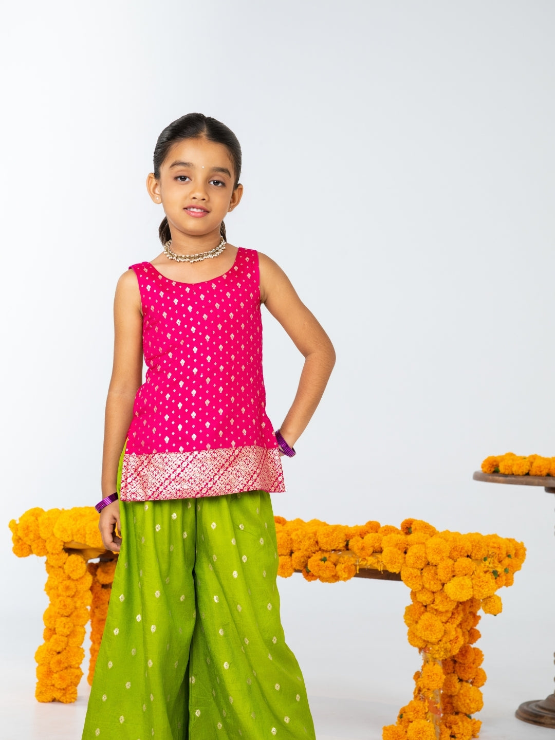 Kids Light Green Matching Kurta & Kurti Palazzo Set