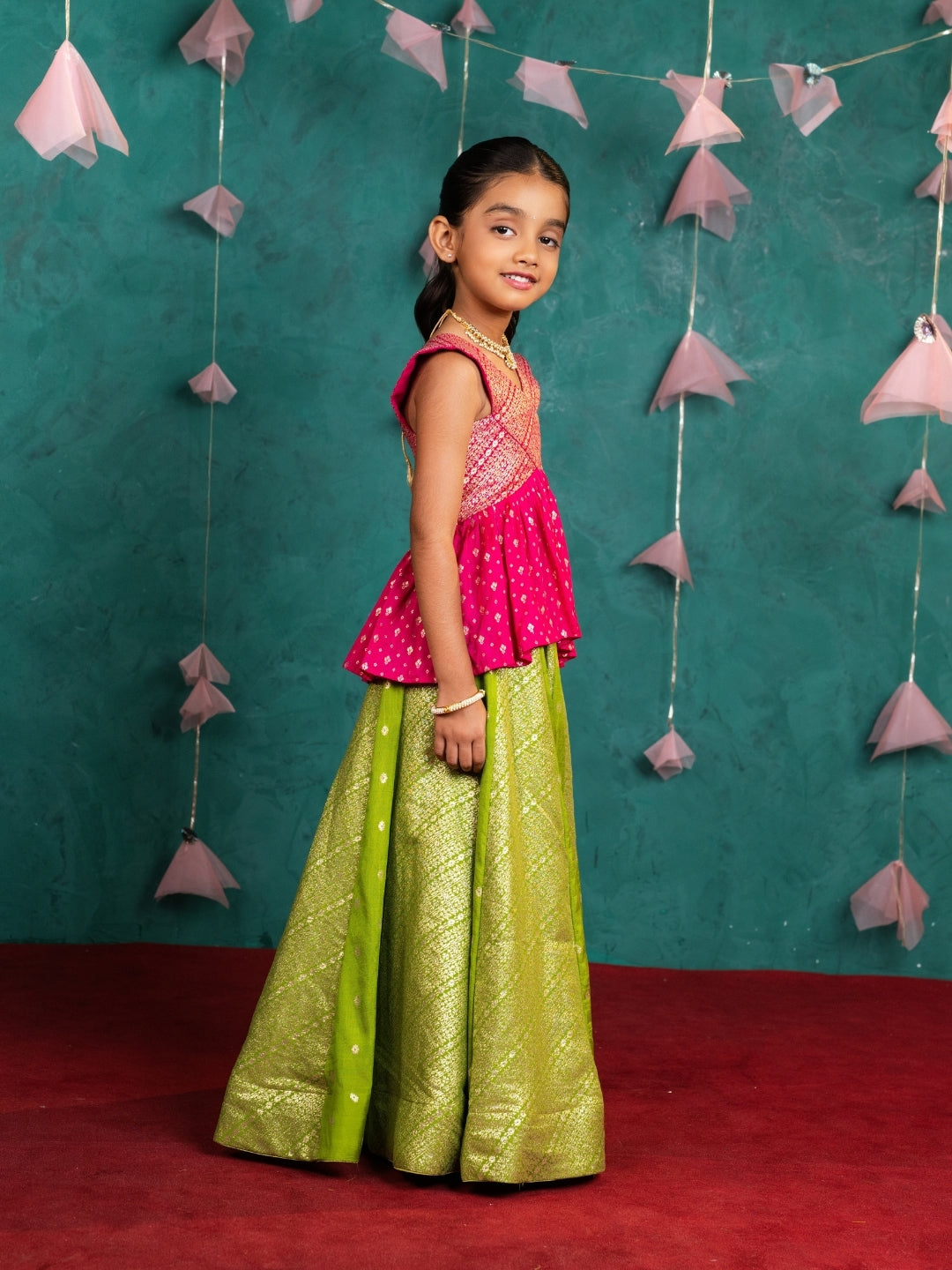 Boys Light Green Kurta & Girls Peplum Lehenga Sibling Combo