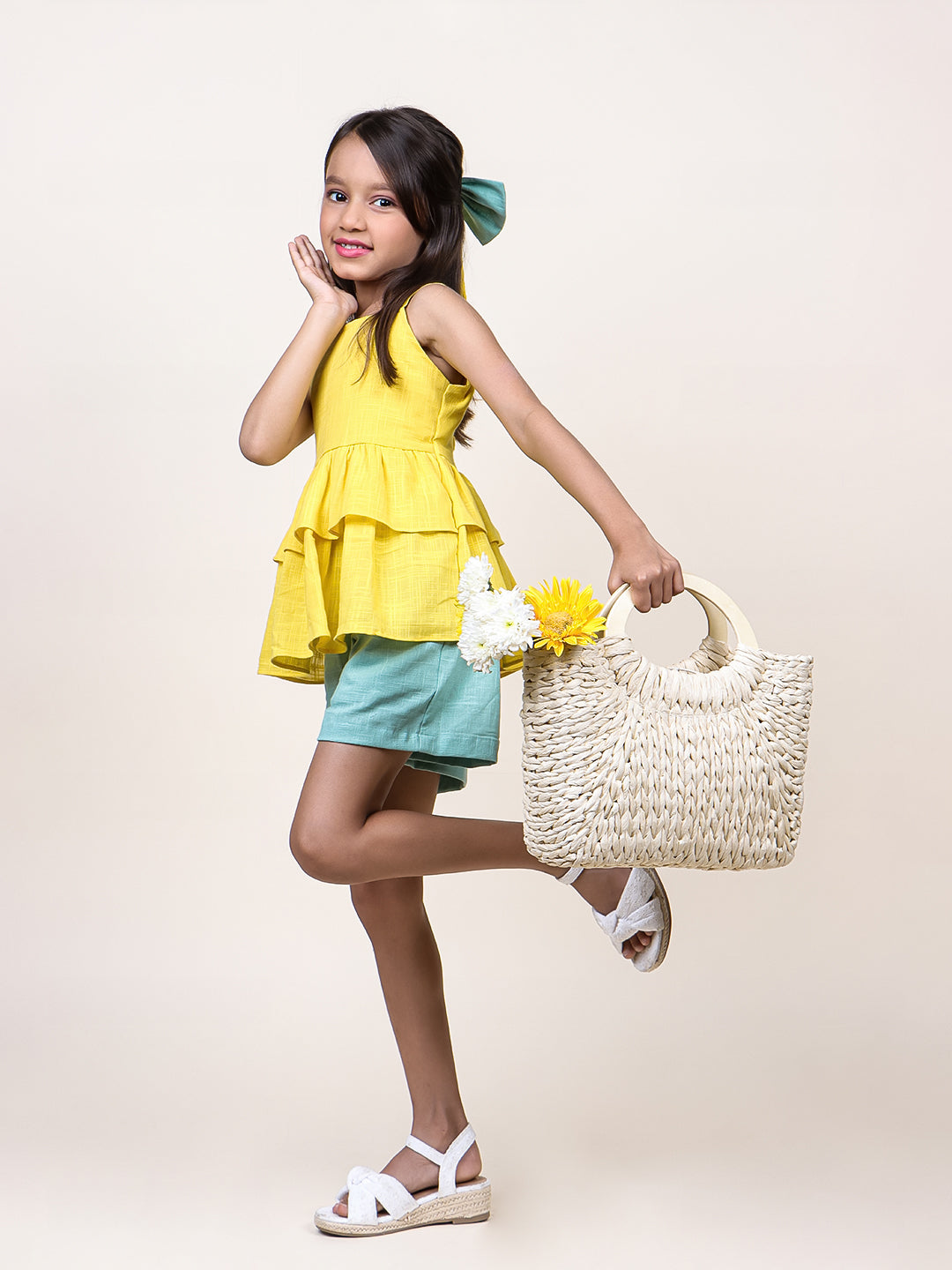 Girls Yellow Cotton Top & Shorts