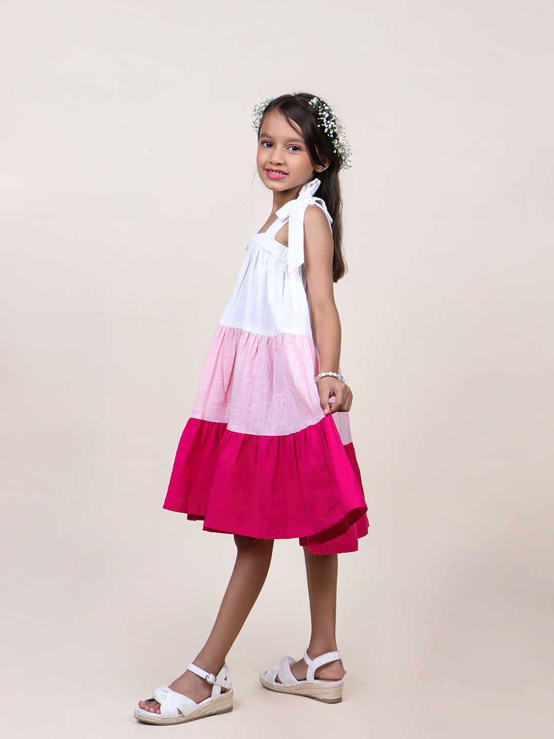Girls Pink Colorblocked Layered Cotton Dress