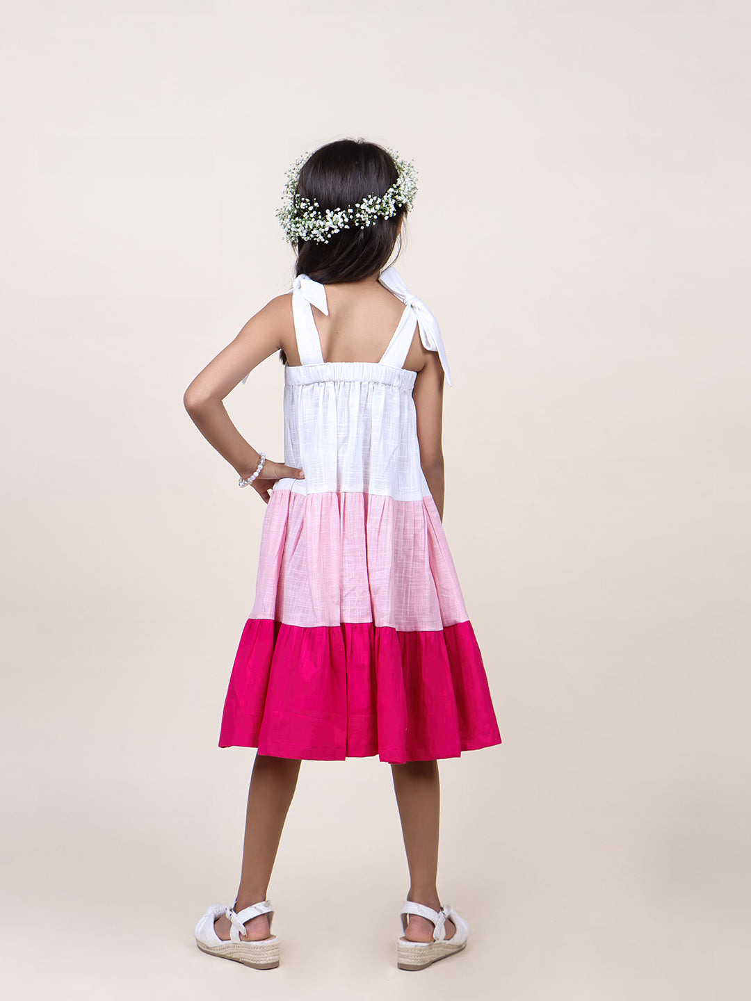 Girls Pink Colorblocked Layered Cotton Dress