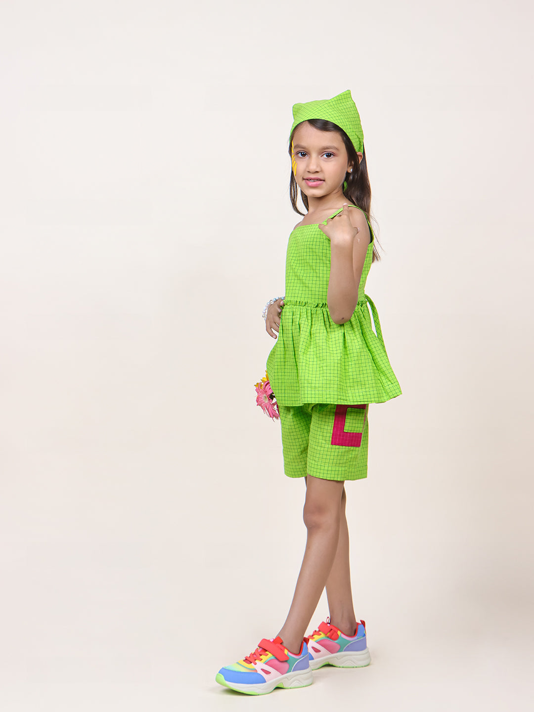 Girls Green Checks Cotton top & Shorts