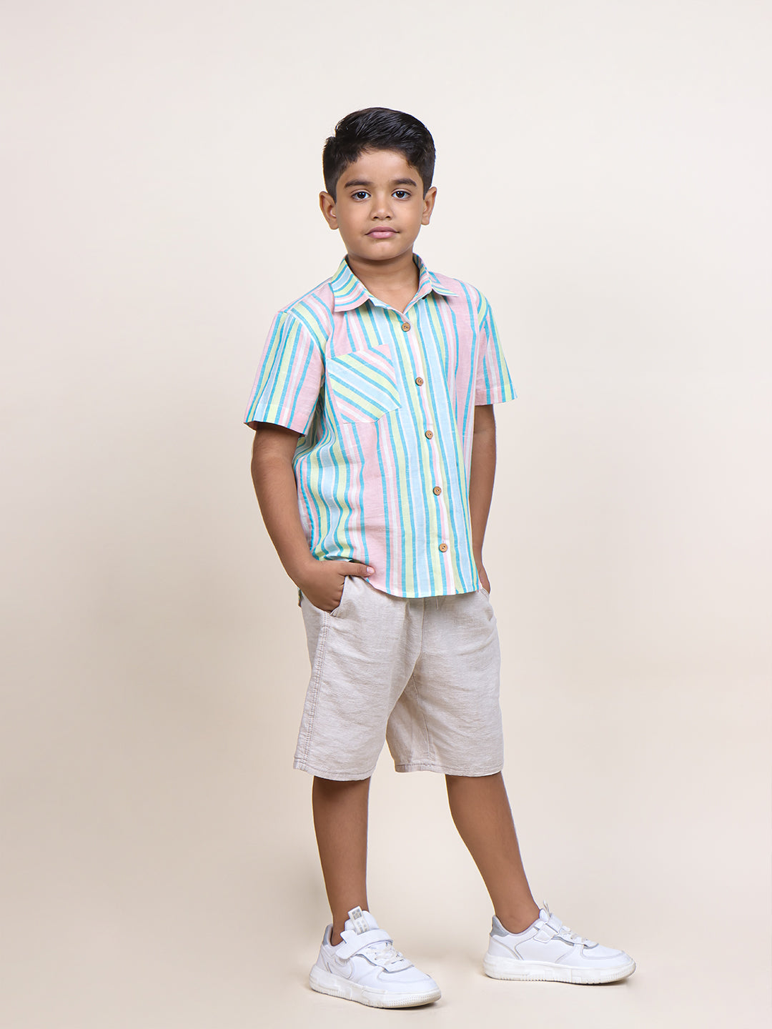 Boys Blue Stripes Half Sleeve Cotton Shirt