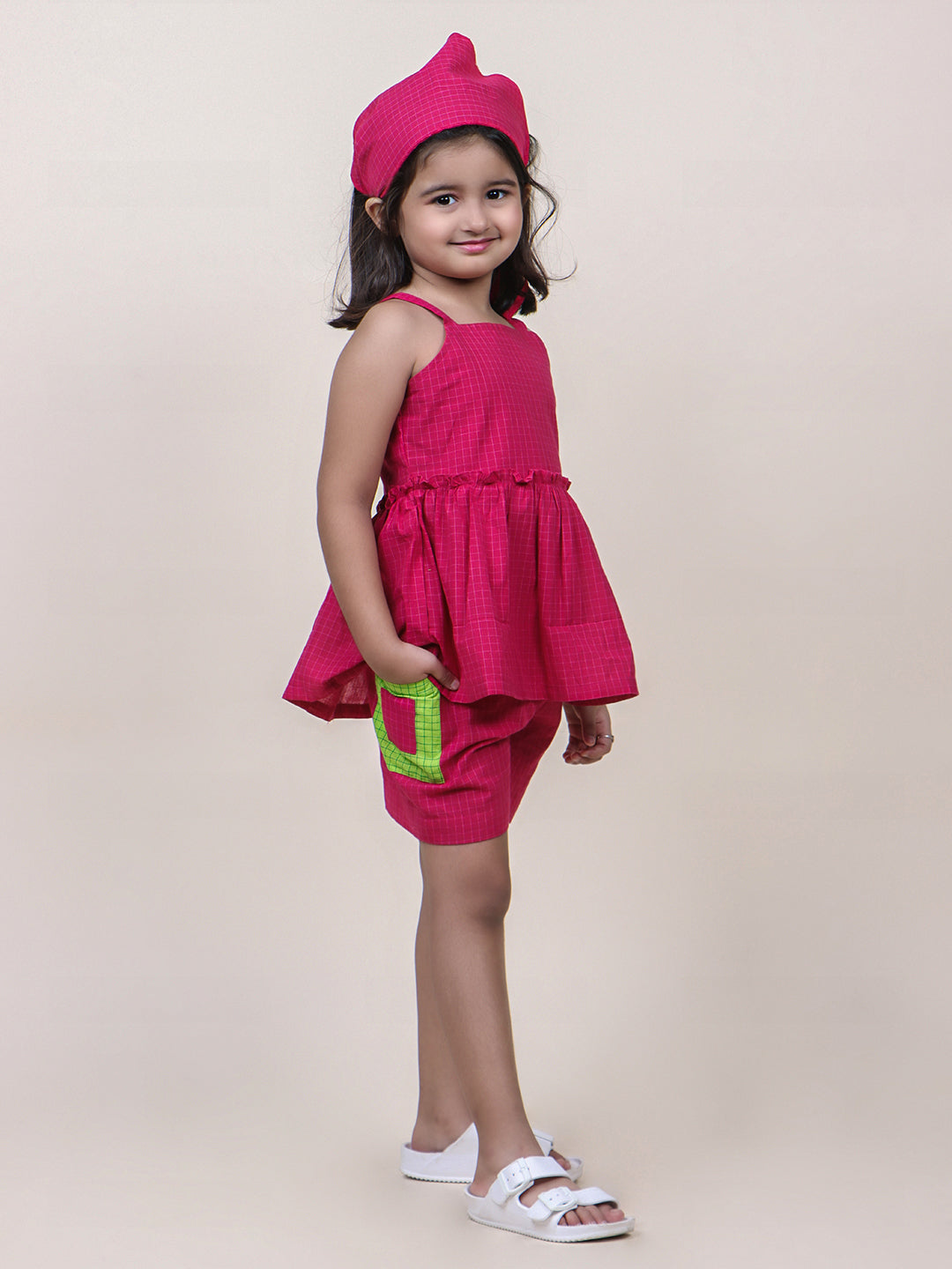 Girls Pink Checks Cotton Top & Shorts