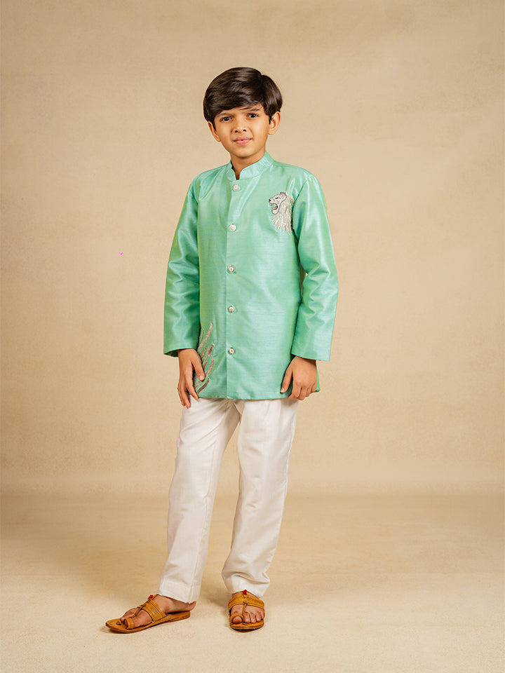 Boys Hand Embroidered Turquois Blue Kurta and Pant (Set of 2)
