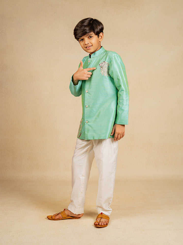 Boys Hand Embroidered Turquois Blue Kurta and Pant (Set of 2)