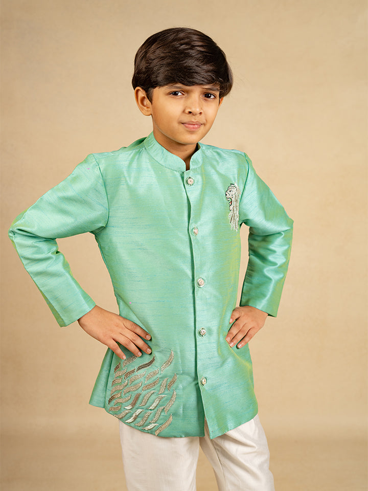 Boys Hand Embroidered Turquois Blue Kurta and Pant (Set of 2)