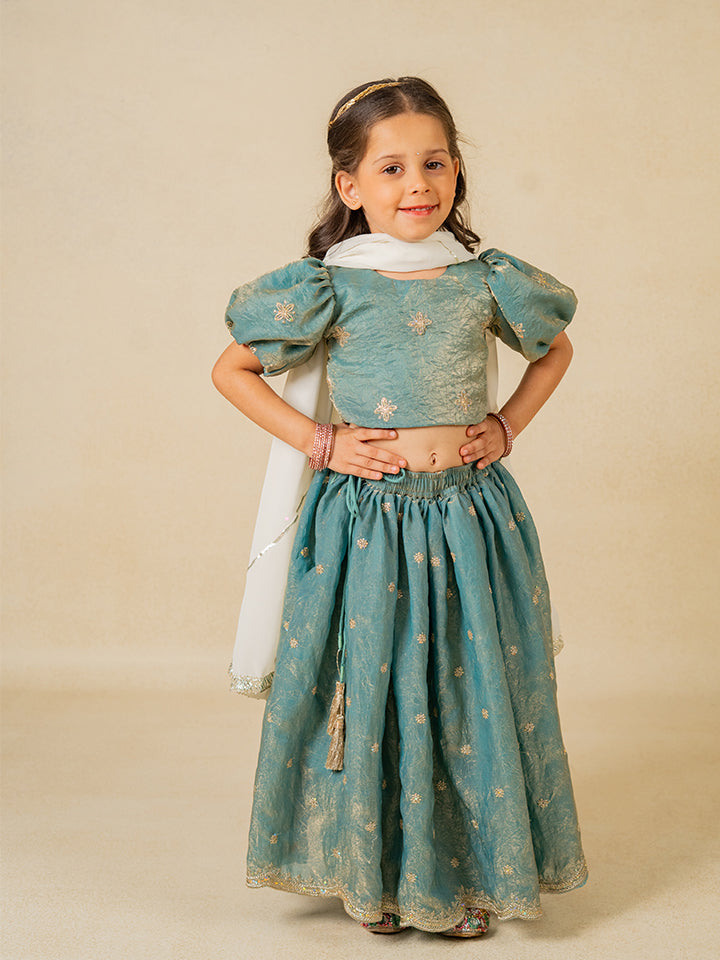 Girls Fendy Crush Blue Top and Lehenga with Georgette Dupatta (Set of 3)