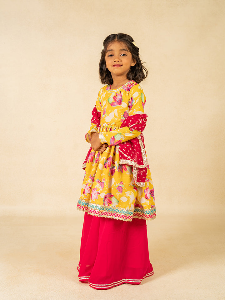 Girls Yellow Anarkali Top and Palazzo with Dupatta (Set of 3)