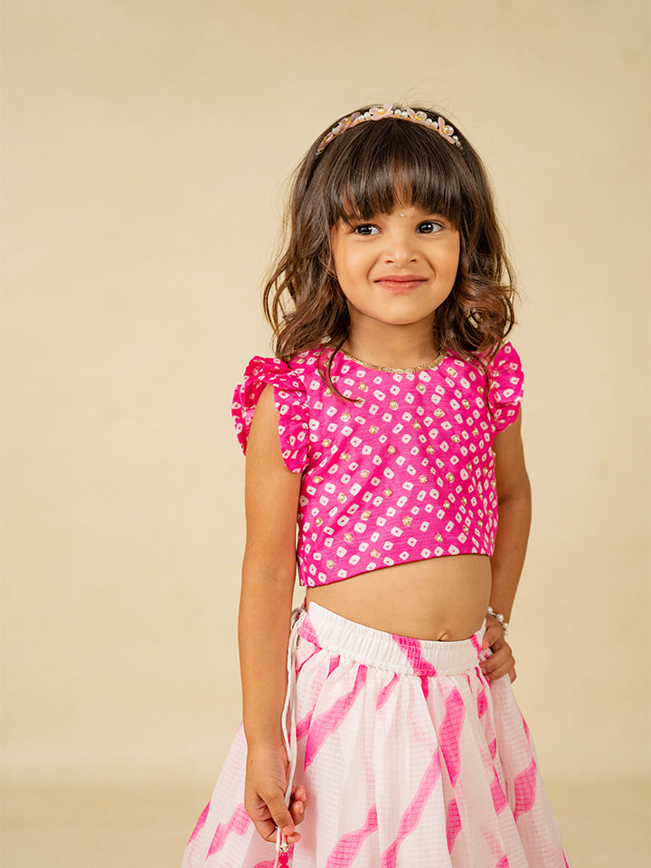 Girls Pink Hand Embroidered Top and Moonga Digital printed Lehenga with Dupatta (Set of 2)