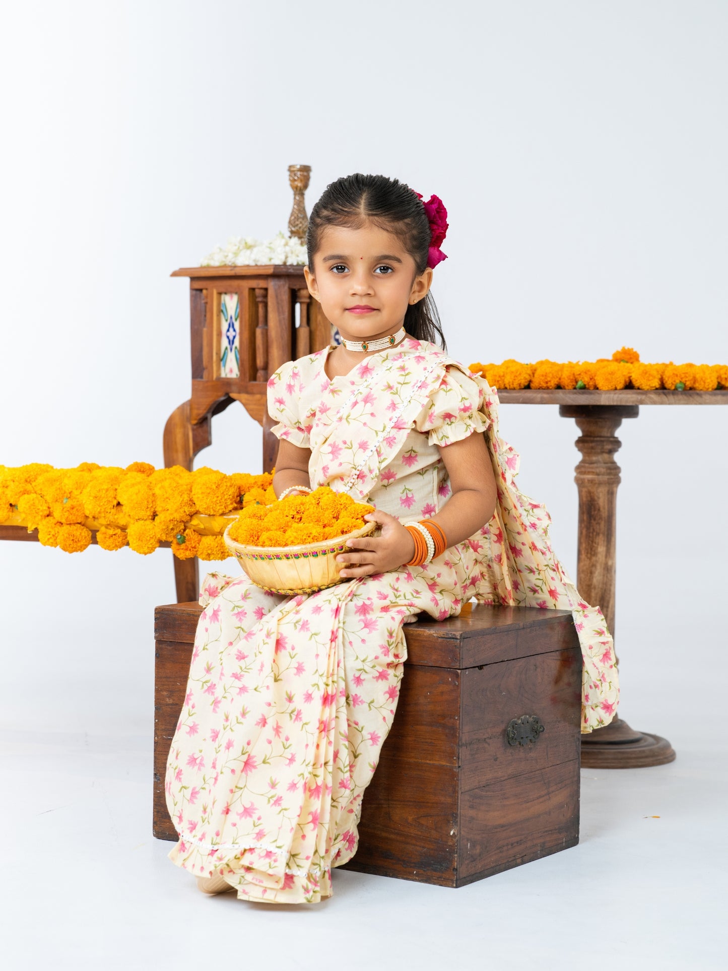 Off White Floral Pre-Stitched Cotton Saree for Girls