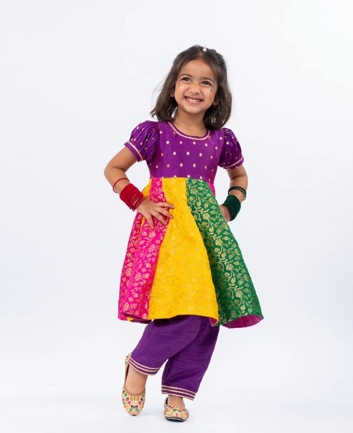 Aarohi - Multicoloured Banarasi Anarkali Kurta and Purple Pant with Yellow Dupatta (Set of 3)