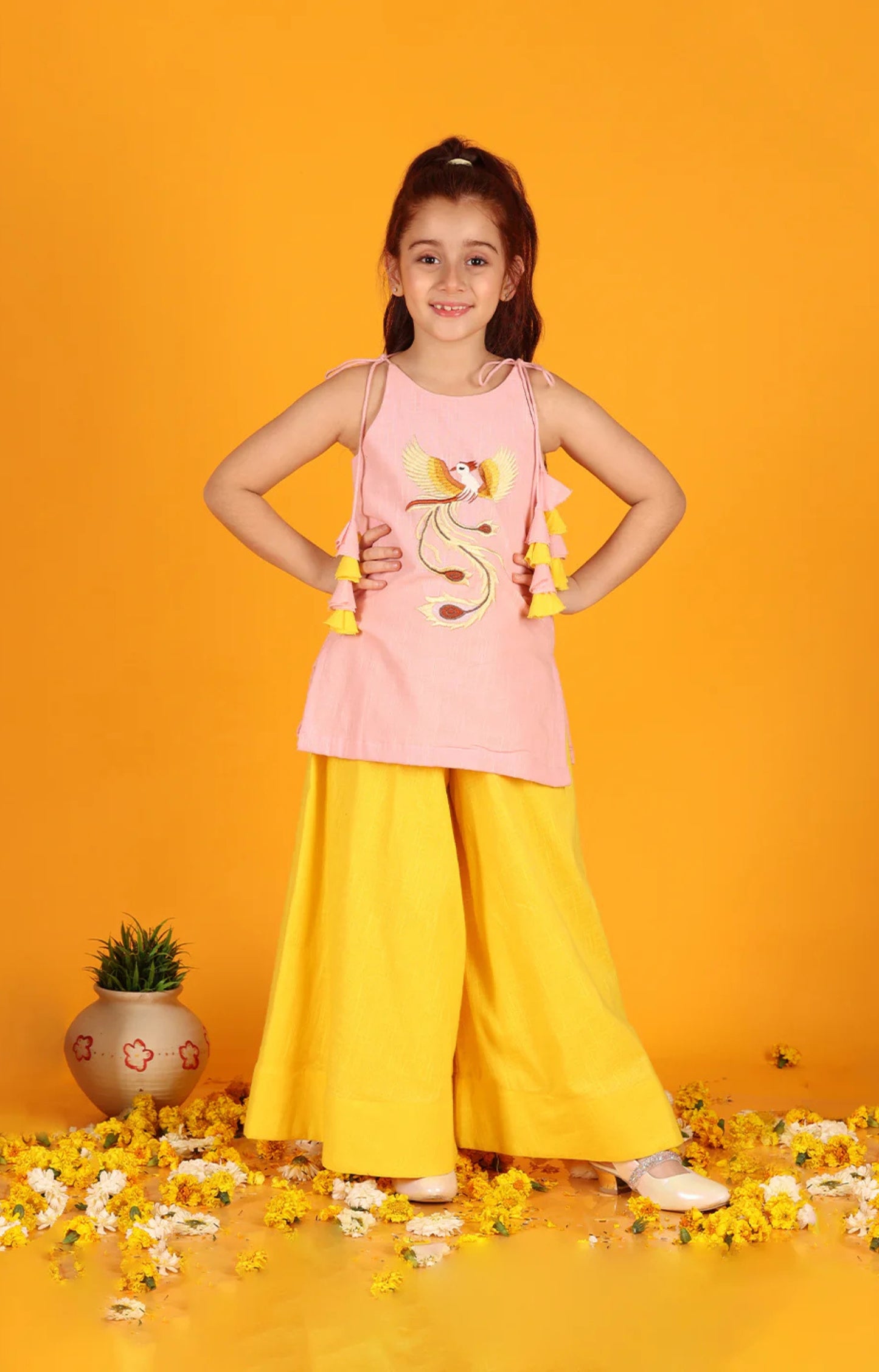 Jilmil Girls Phoenix Embroidered Pink Cotton Kurta with Yellow Sharara (set of 2)