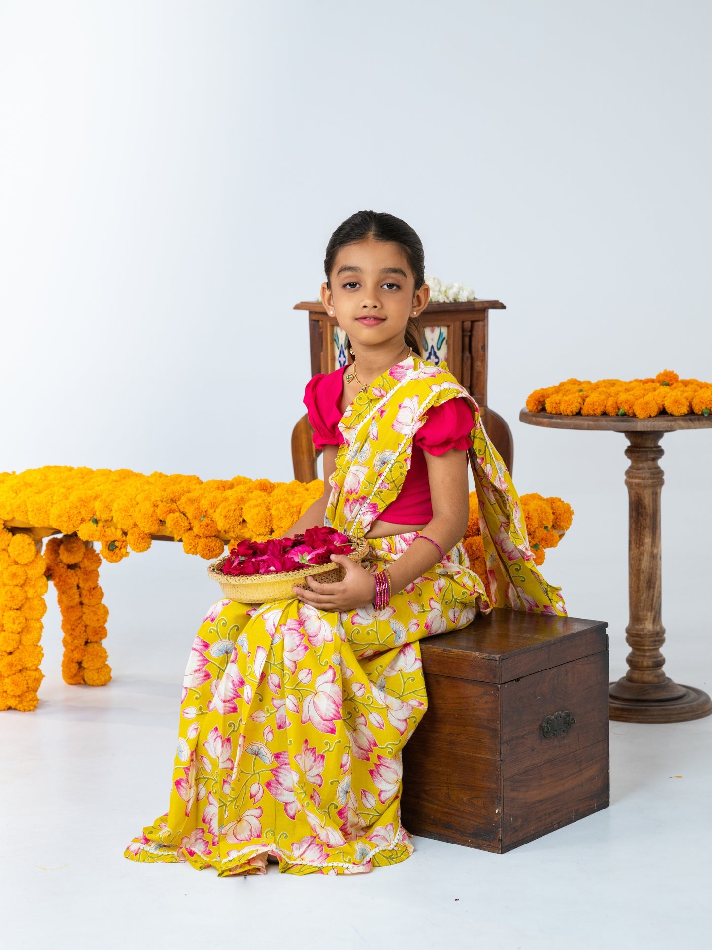 Yellow Floral Ready to Wear Cotton Saree for Girls