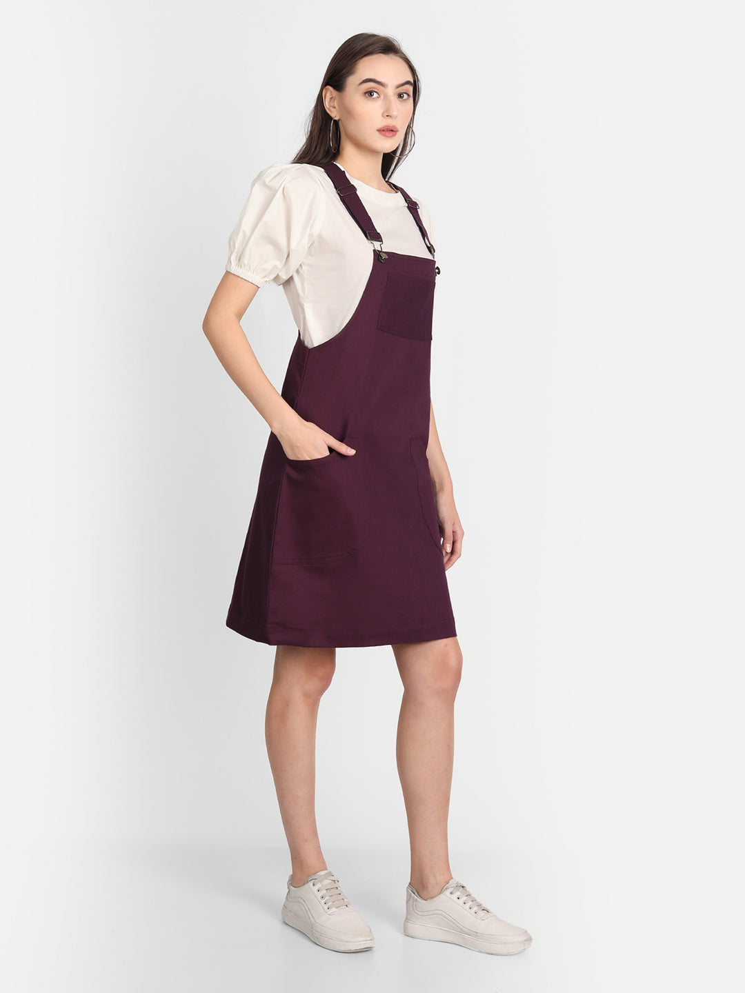 Purple Solid Corduroy Dungaree Dress With Blouse