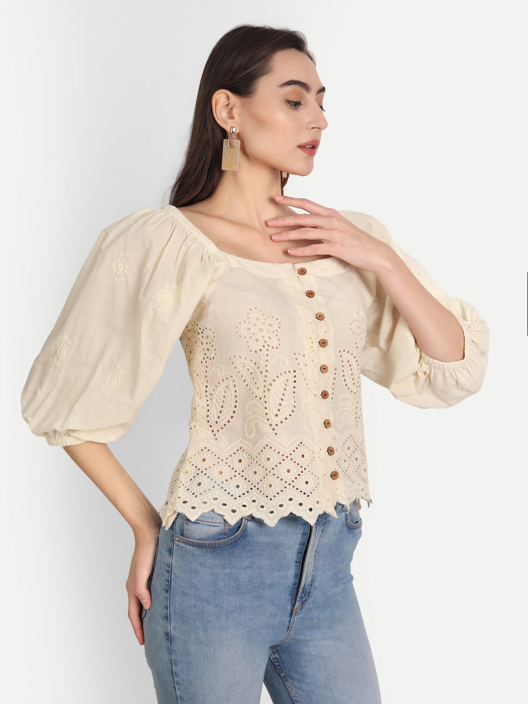 Schiffli Self Design Square Neck Cotton Top