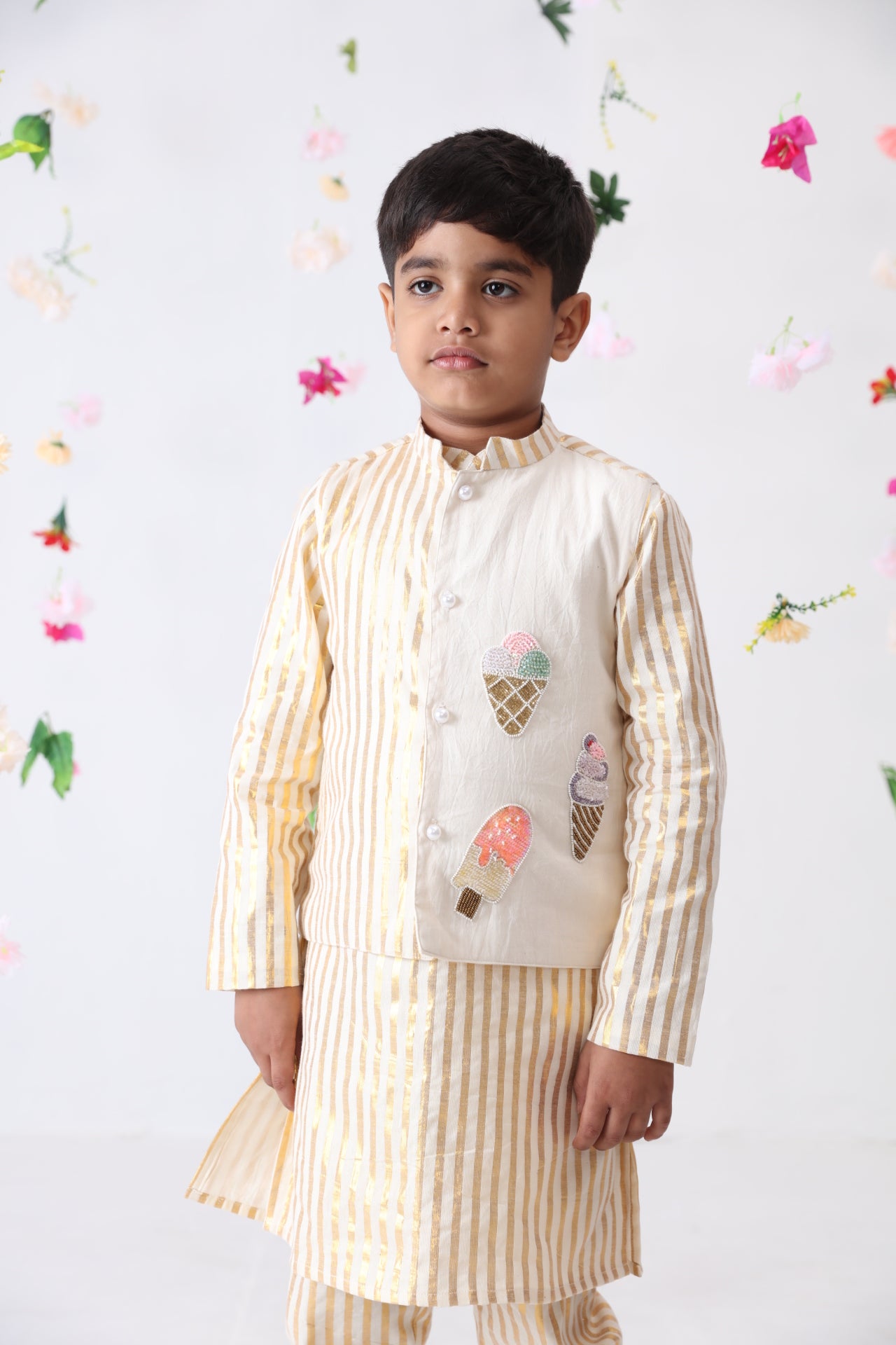 Boys Cotton Lurex Hand Embroidered Ice-cream Jacket with Cotton Golden Stripes Kurta And Pant