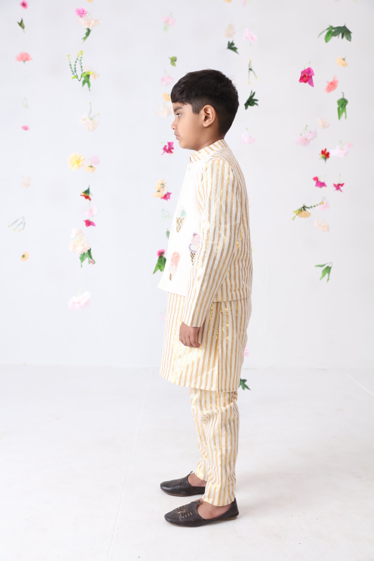 Boys Cotton Lurex Hand Embroidered Ice-cream Jacket with Cotton Golden Stripes Kurta And Pant