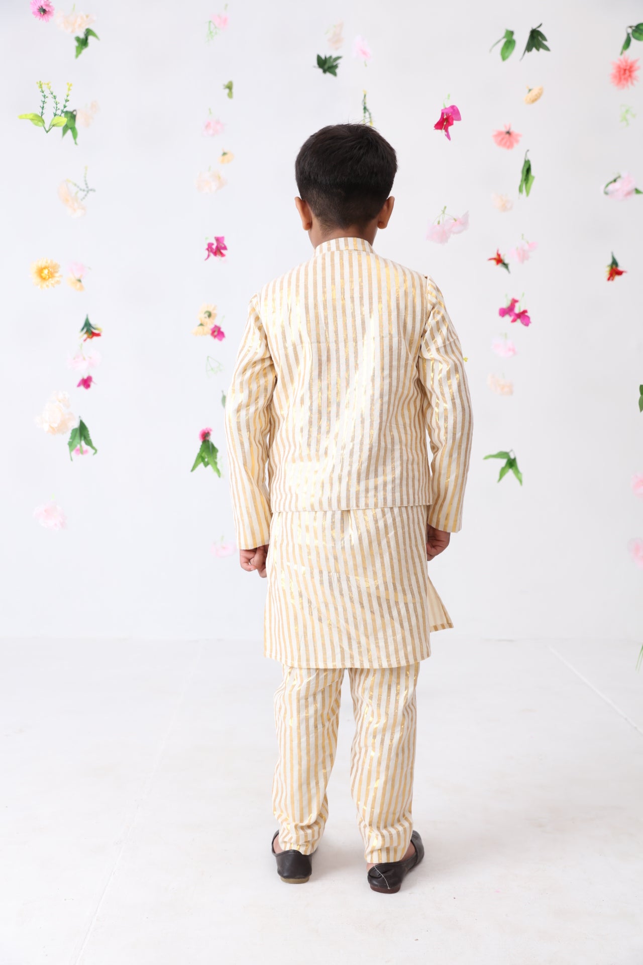 Boys Cotton Lurex Hand Embroidered Ice-cream Jacket with Cotton Golden Stripes Kurta And Pant