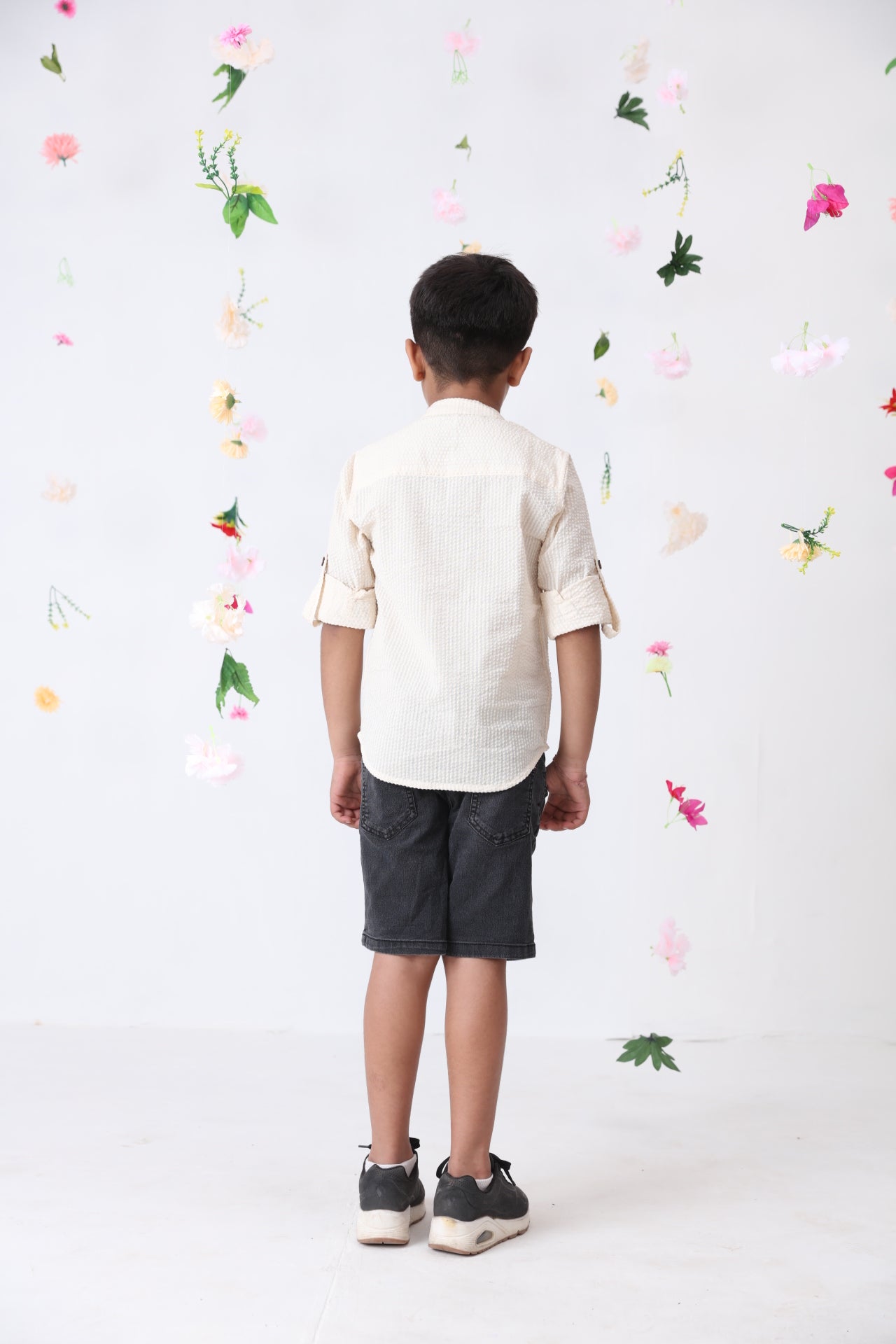 Boys Cotton Seersucker Roll-up Sleeves Shirt
