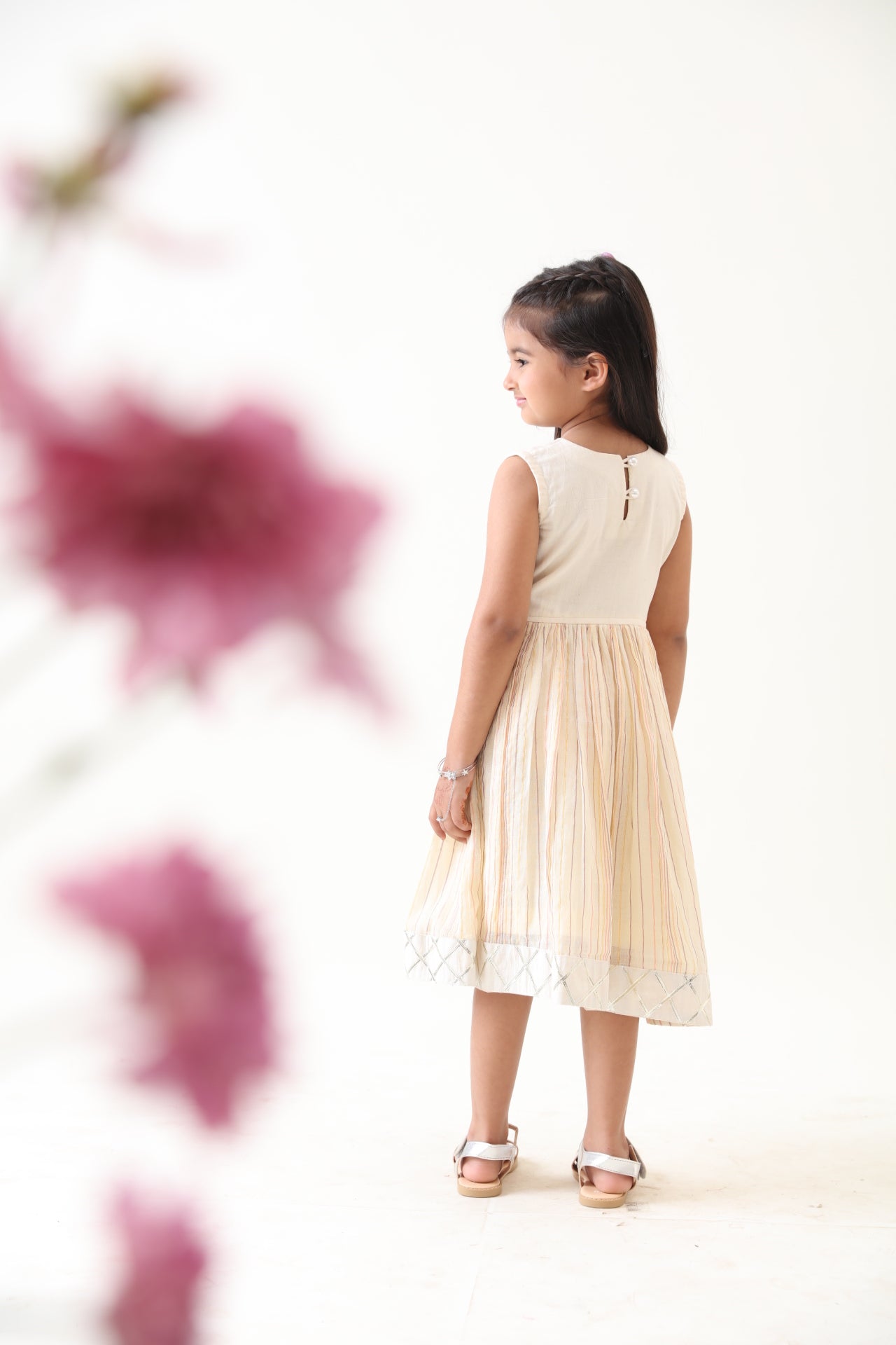 Girls Off-white Cotton Lurex Hand-painted Dress