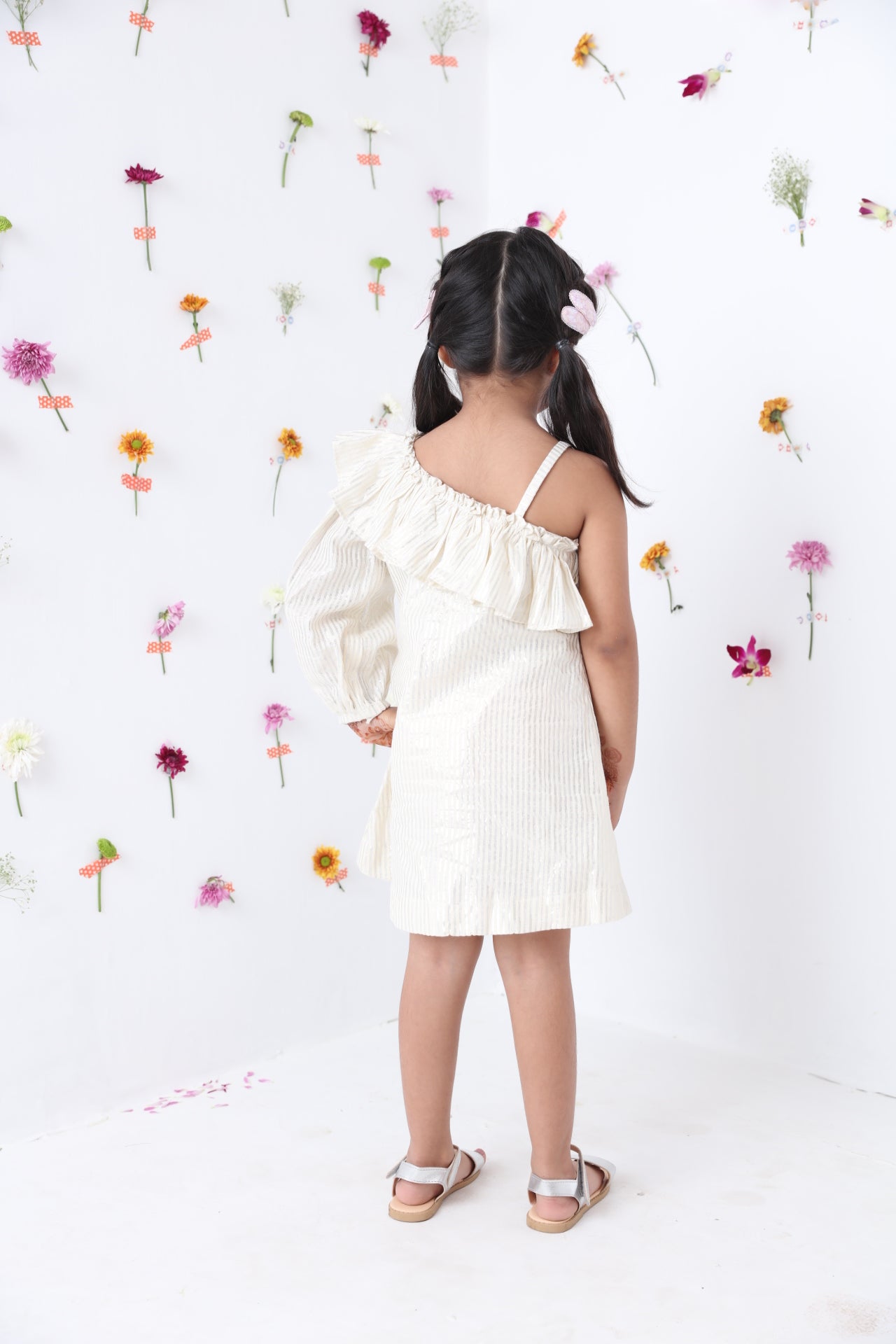 Girls White Silver Lurex Cotton Stripe Dress