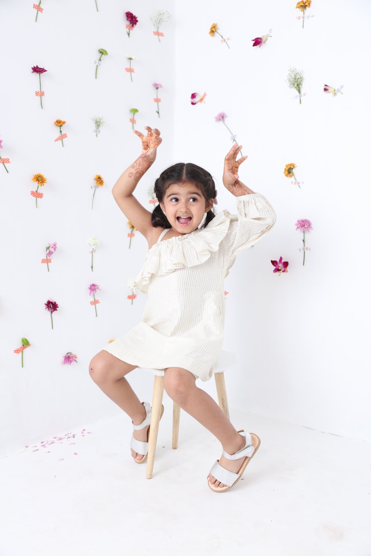 Girls White Silver Lurex Cotton Stripe Dress