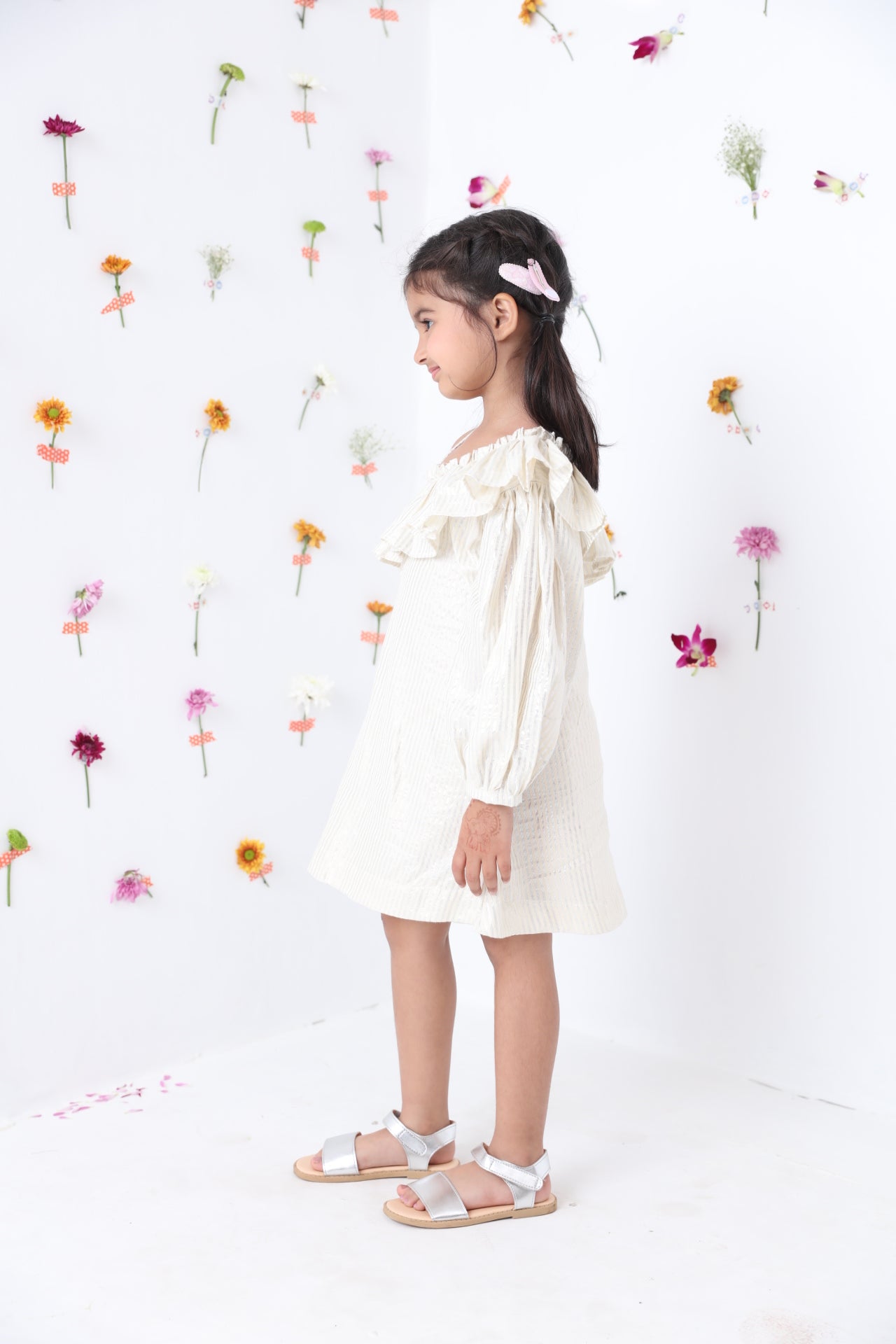 Girls White Silver Lurex Cotton Stripe Dress