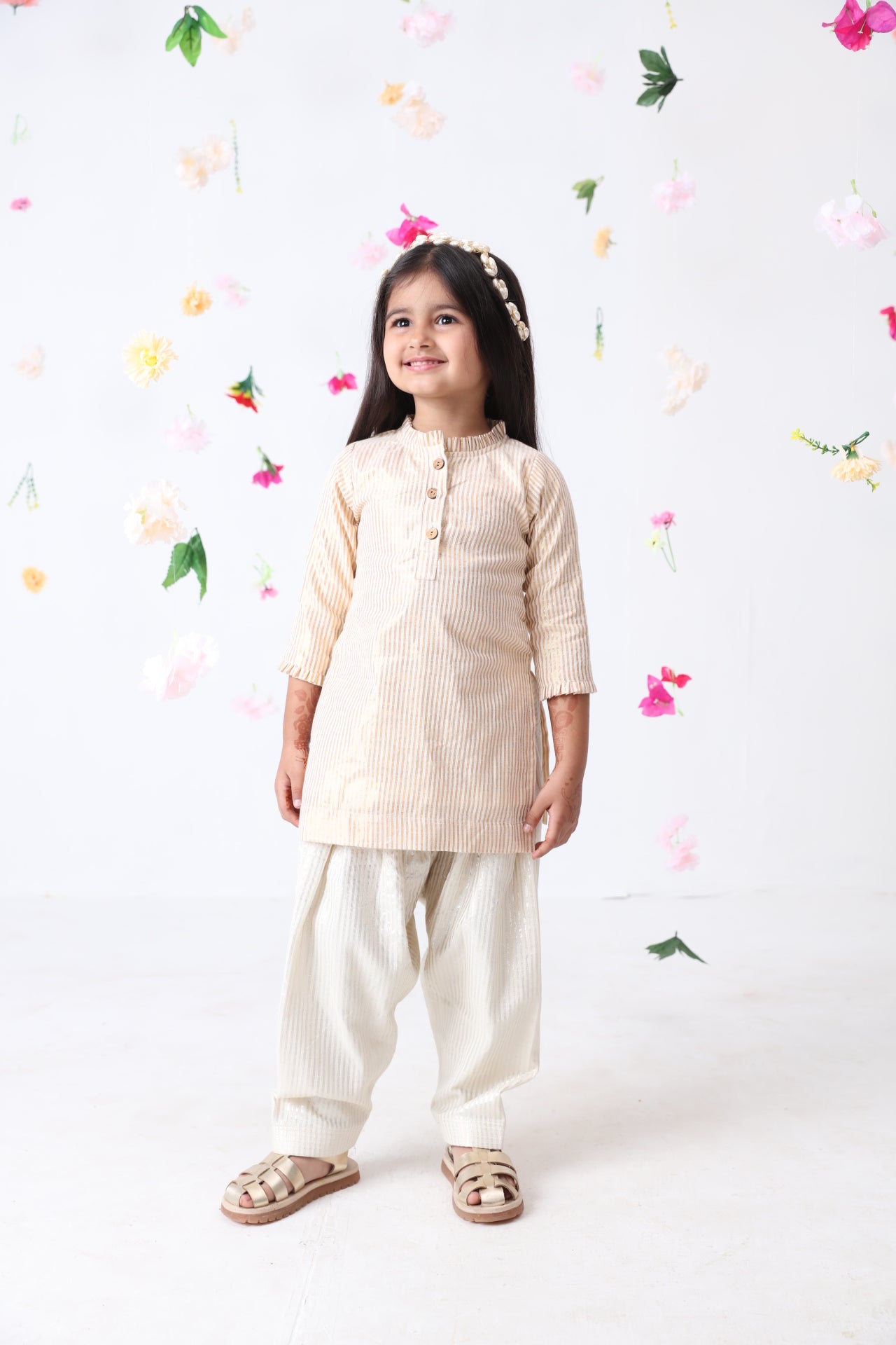 Girls Golden Stripe Lurex Cotton Kurti With Silver Stripe Patiala