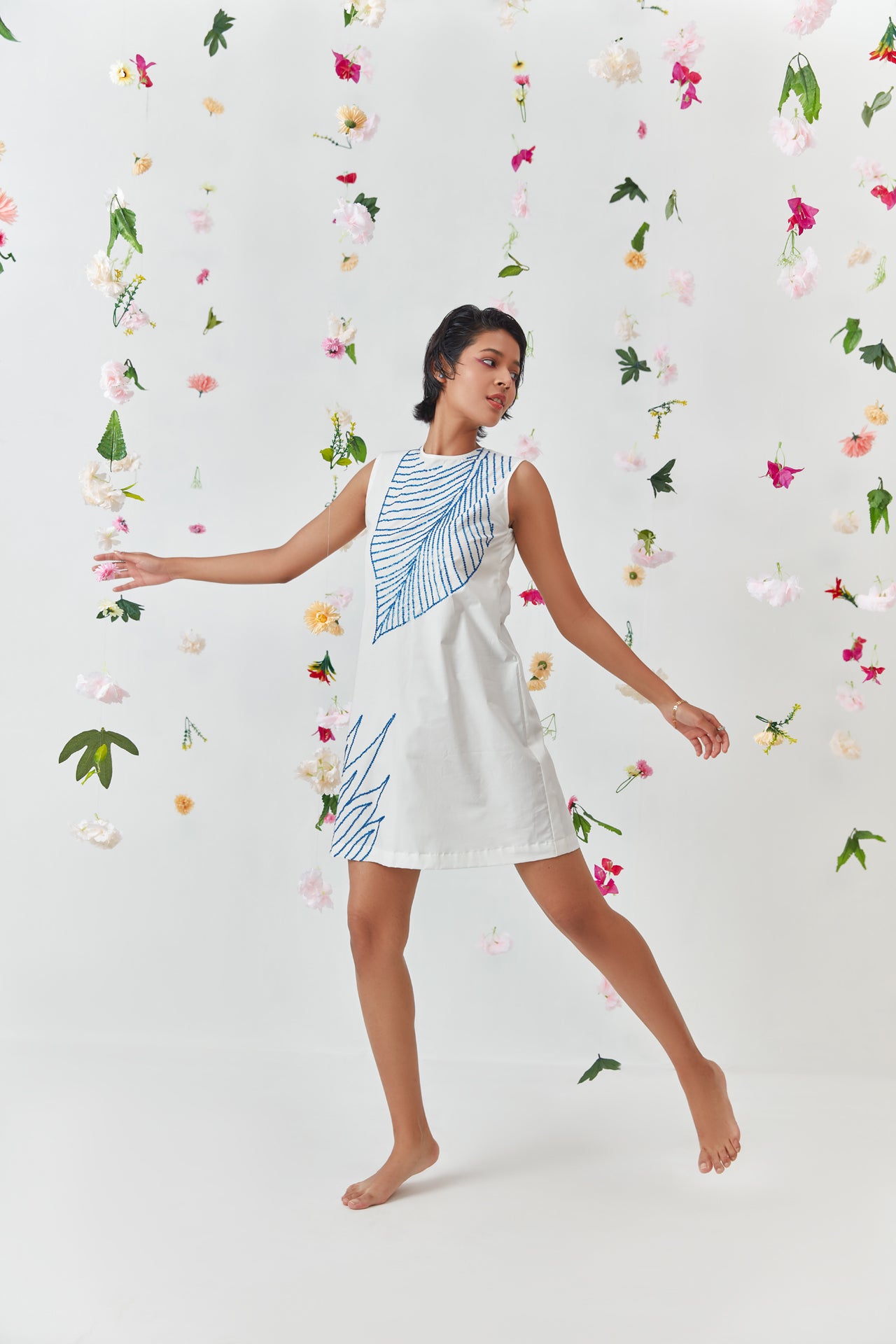 Blue Leave Embroidered cotton dress