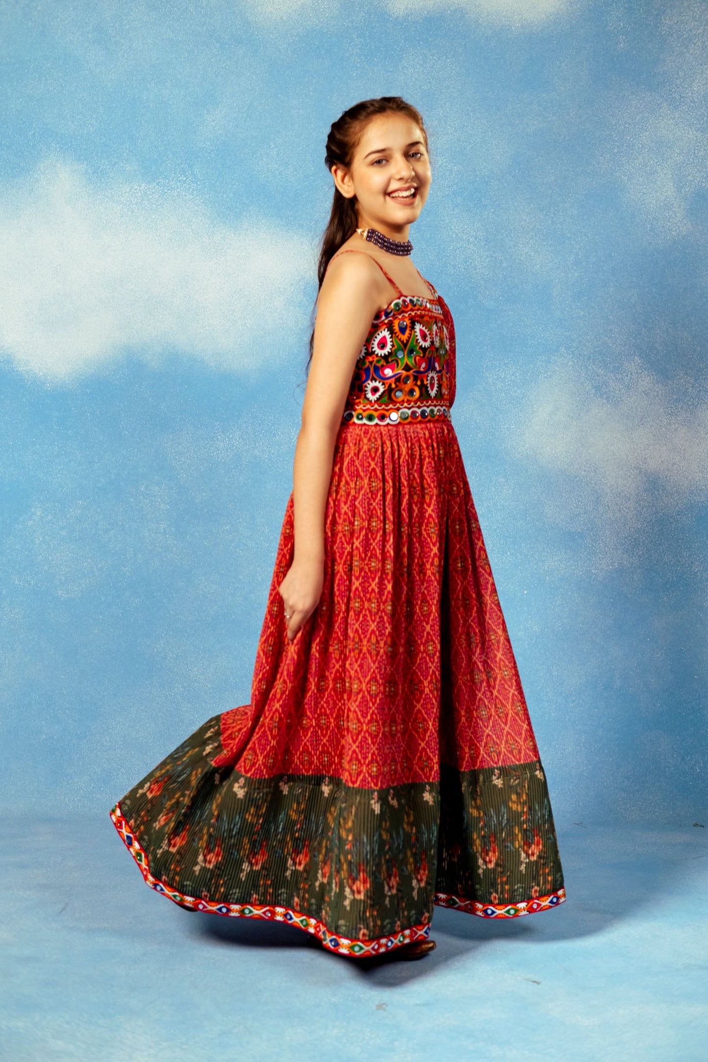 Girls Green & Pink Navratri Dress