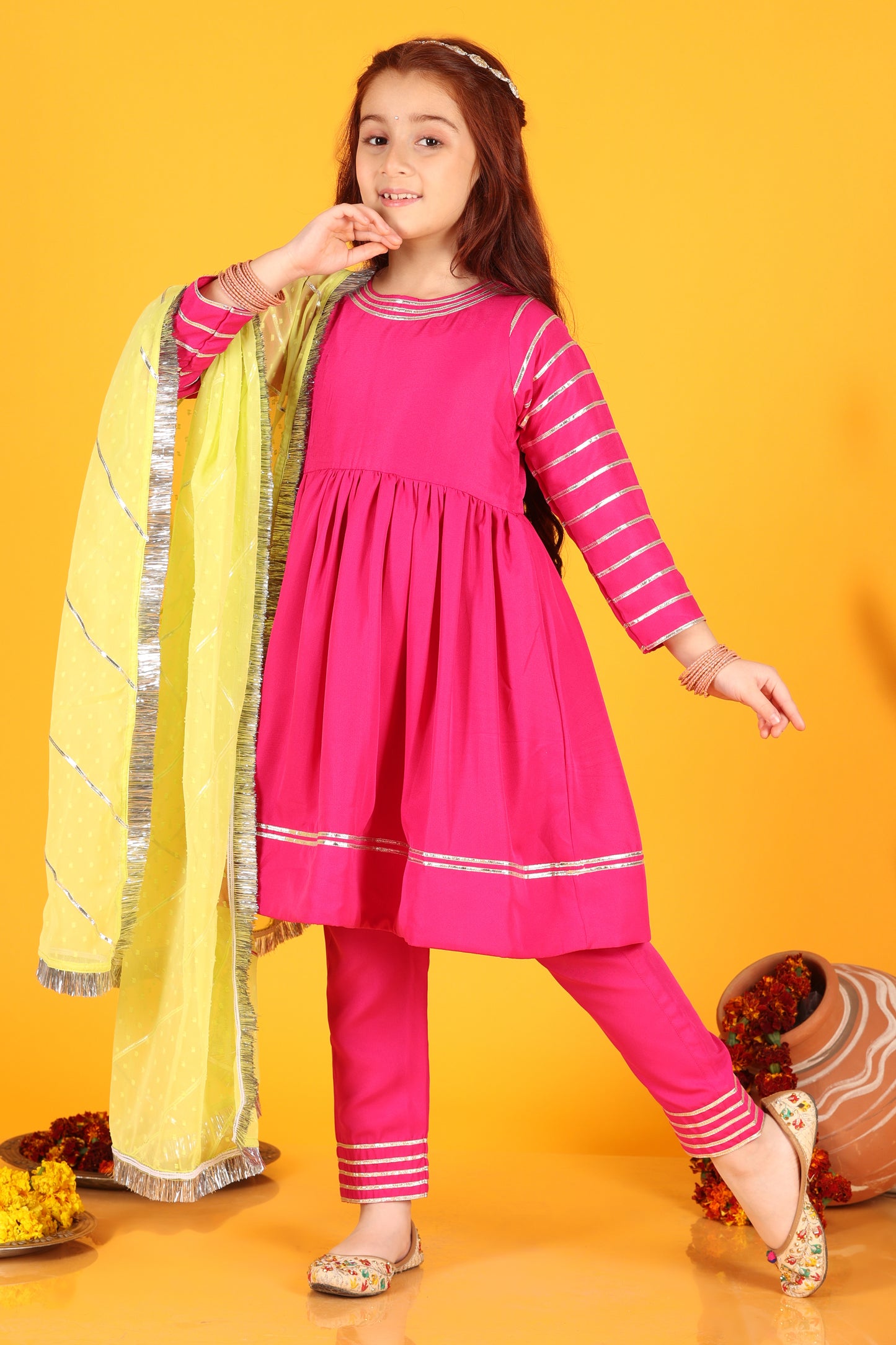 Jilmil Girls Magenta Dress with pant & Dupatta (set of 3)