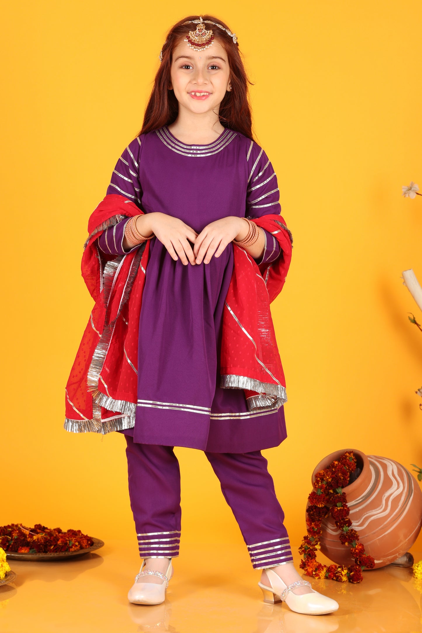 Jilmil Girls  Violet  Dress with pant & Dupatta (set of 3)