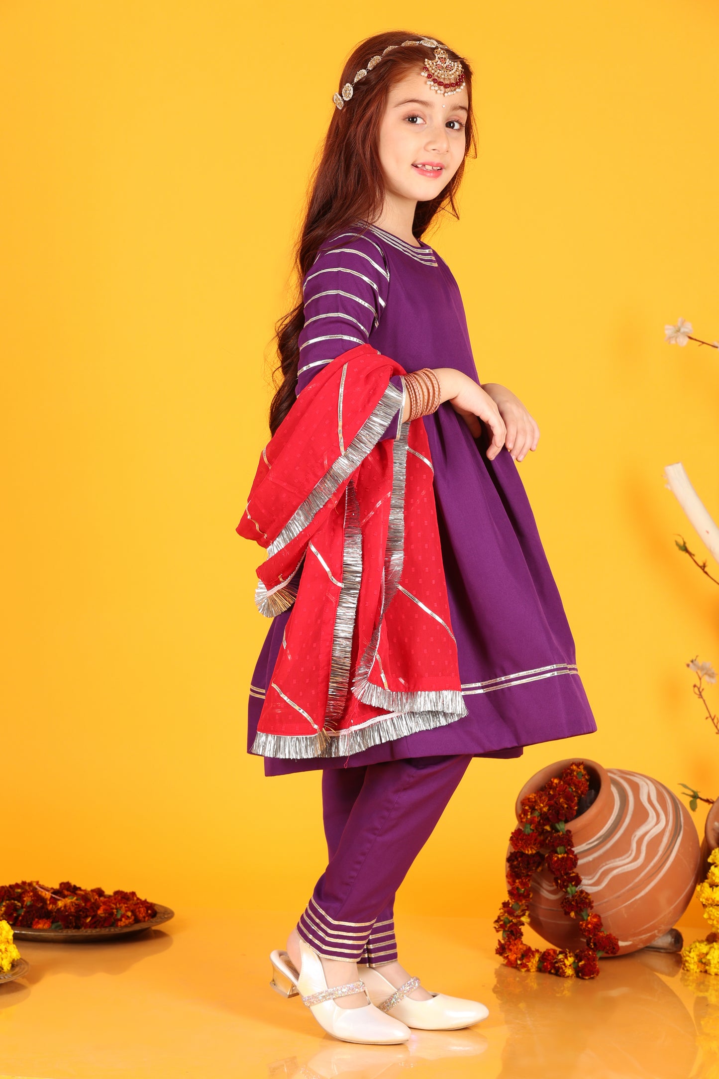 Jilmil Girls  Violet  Dress with pant & Dupatta (set of 3)