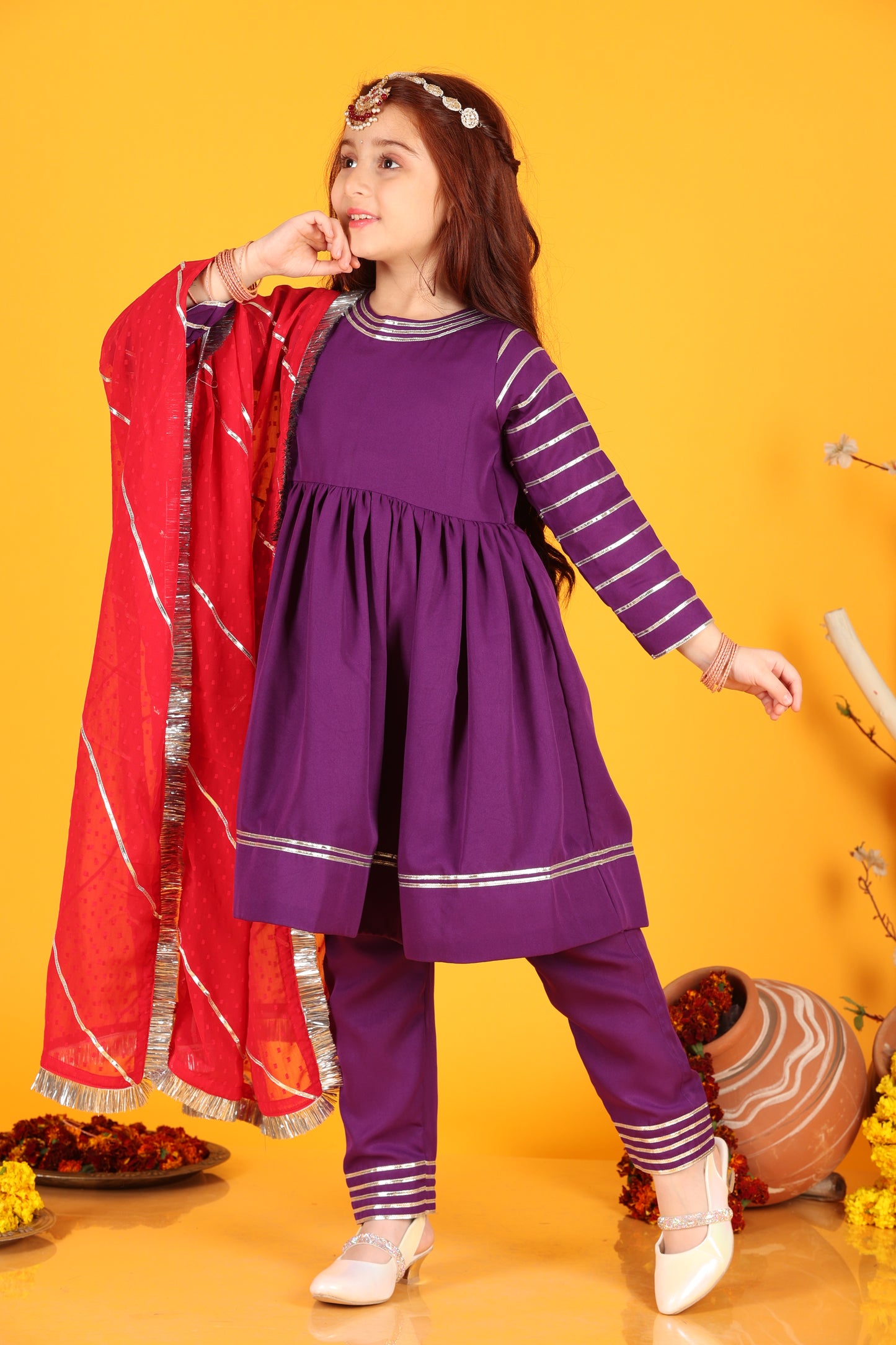 Jilmil Girls  Violet  Dress with pant & Dupatta (set of 3)